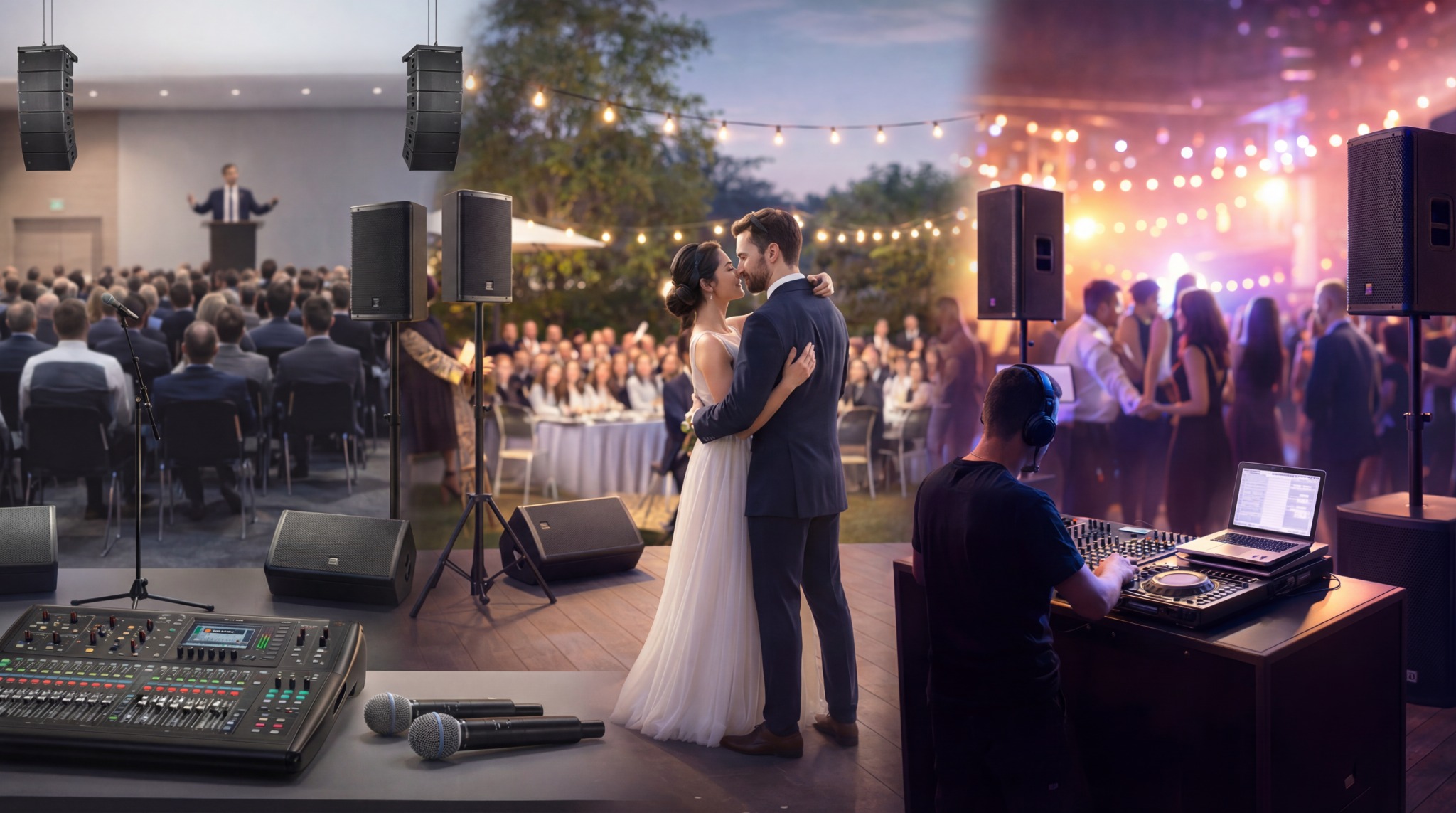 Evento com conferência, casamento e DJ com sistema de som profissional